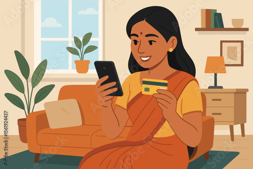 Young Indian woman in saree on sofa makes online payment with credit card and smartphone. Happy customer at home shops online. E-commerce, digital banking, fintech concept vector.