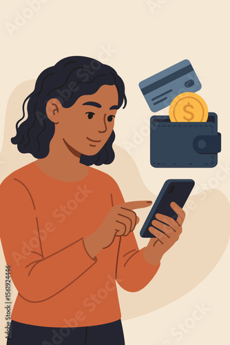 Latin hispanic woman using smartphone for online banking. Concept of digital wallet, mobile payment, e-commerce and finance technology. Flat vector cartoon illustration.