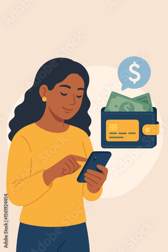 Woman checking digital wallet on smartphone. Concept for mobile banking, fintech, and online payment. Personal finance management, savings, and budget app. Vector cartoon illustration.
