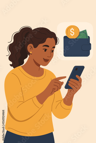Latin hispanic woman checking digital wallet on smartphone. Online banking, mobile payment concept. Financial technology, e-wallet, money transfer, personal finance app. Vector.