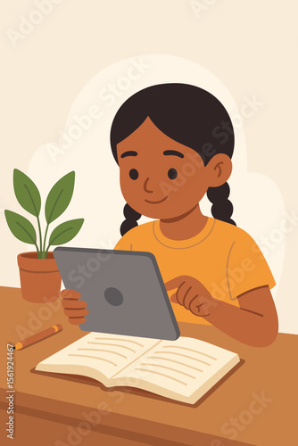 Young Indian girl learning with digital tablet at desk. Modern education technology, distance learning, e-learning, child study, homework, reading book, cartoon vector illustration