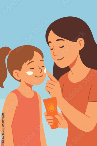 Caring mother applying sunscreen cream on cute little girl’s cheeks, summer sun protection, skincare routine, family care, outdoor safety, flat vector cartoon illustration