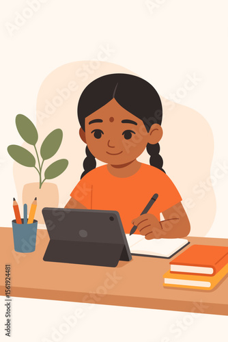 Young Indian girl studying with digital tablet and stylus at desk. Online education, remote learning, e-learning, distance school, homework, technology in classroom. Modern flat vector illustration.