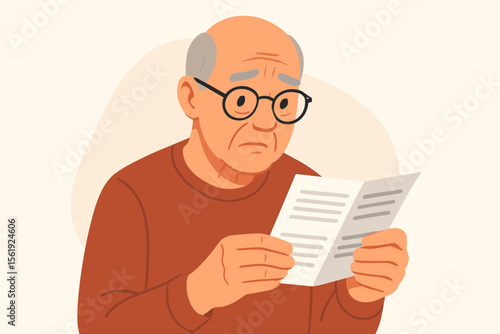 Confused senior man reading medical instructions. Worried old grandfather with glasses studying prescription drug leaflet. Healthcare, pharmacy, side effects, aging concept. Vector.