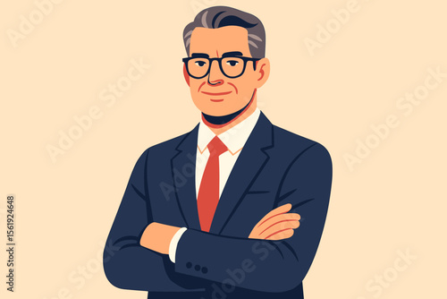 Confident mature businessman in suit and red tie with arms crossed. Professional executive male portrait. Modern flat vector illustration. Leadership, success, corporate, office, manager concept