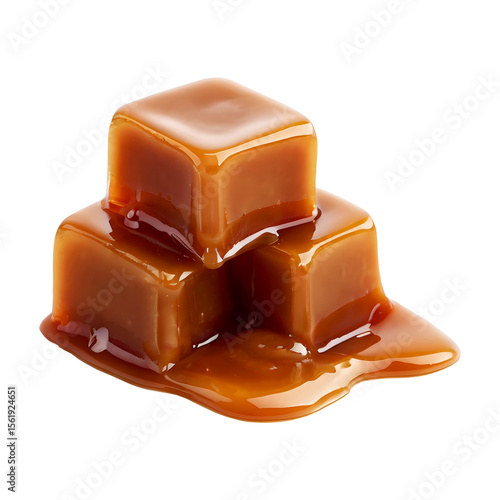 Caramel cubes stacked on transparent background