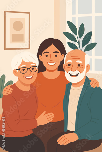 Happy family portrait of senior parents with adult daughter at home. Modern flat vector illustration. Generations together, family love, intergenerational bonding, cozy living room, smiling relatives