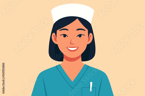 Smiling female nurse character. Asian medical professional in scrubs and cap. Friendly hospital staff portrait for healthcare and medicine concepts. Modern flat vector illustration.