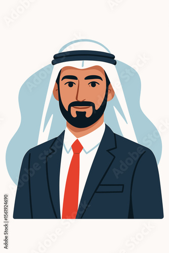 Portrait of a confident Arab businessman in traditional ghutra headwear and a modern business suit. Successful Middle Eastern entrepreneur. Vector character avatar for corporate concepts.