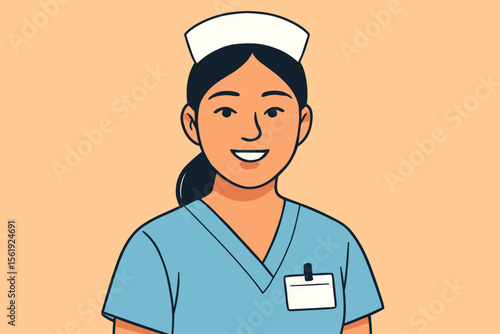 Asian nurse portrait in blue scrubs and white cap, hospital staff, healthcare professional, flat cartoon vector illustration, medical worker, frontline hero, nurse uniform, modern design