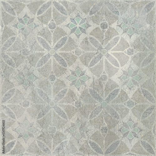 Colorful ceramic wall tiles decoration. Abstract damask patchwork pattern with geometric and floral ornaments, Vintage tiles intricate details