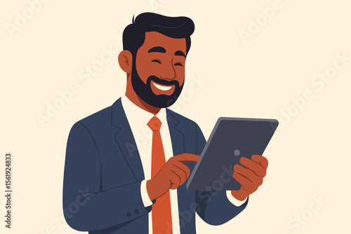 Confident Indian businessman in suit using digital tablet. Modern flat vector illustration of professional male executive working with technology, corporate communication, office productivity concept
