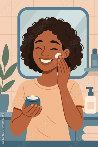 Young woman with curly hair applying moisturizer in bathroom. Skincare routine. Self care. Natural beauty. Healthy skin. Daily facial cream. Modern flat vector illustration. Home interior.