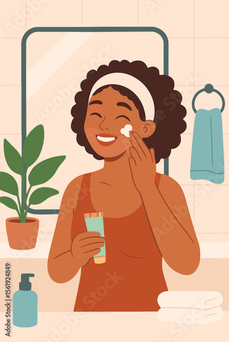 Young African American woman applying face moisturizer in modern bathroom. Skincare routine, self care, beauty treatment, healthy lifestyle. Flat vector illustration with towel, plant, soap.