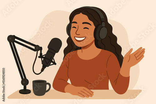 Smiling young Latin woman recording a podcast. Female podcaster or radio host speaking into a microphone. Concept for broadcasting, streaming, vlogging, and content creation.