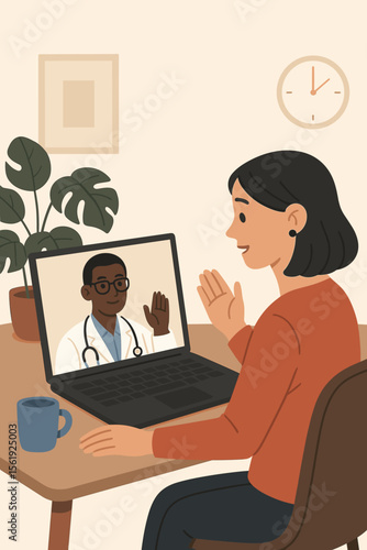 Telemedicine consultation woman talking to doctor online. Virtual healthcare visit. Remote medical advice. Patient video call with physician. Home office. Digital health technology. Modern flat vector