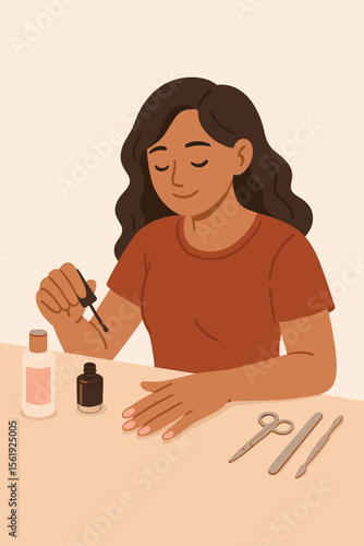 Woman doing manicure at home. Self care beauty routine. Applying nail polish. Modern flat vector illustration. Manicure tools, nail scissors, file, cuticle pusher, bottle. Relaxation, wellness concept