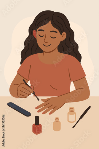 Woman Doing Manicure at Home. Self Care Beauty Routine. Female Hands Painting Nails with Nail Polish. Modern Flat Vector Illustration. Manicure Tools, Nail File, Bottles. Relaxation, Pampering
