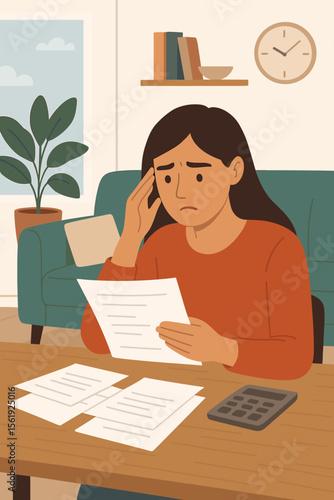 Worried woman calculating household expenses at home, reading bills with paperwork and calculator on table, financial stress, budgeting, personal finance management, modern flat vector illustration