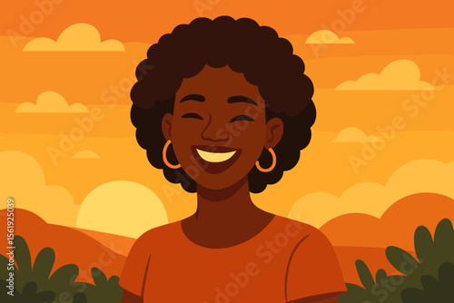 Happy young African woman smiling outdoors at sunset. Cheerful black female character portrait enjoying nature. Concept of peace, joy, wellbeing. Flat vector cartoon illustration.