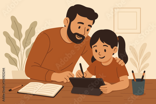 Father helping daughter with homework. Parent teaching child at home. Homeschooling and e-learning concept. Man and girl studying with a digital tablet. Family education and support.