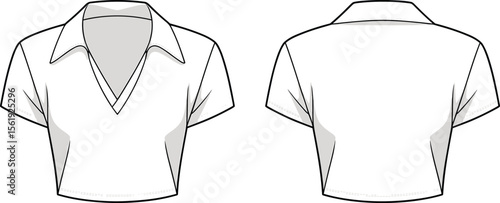 Short sleeve cropped polo shirt flat sketch, technical vector fashion drawing front back view, collar V-neck design, cad illustration