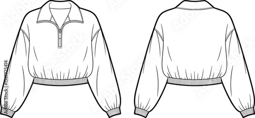 Half zip cropped pullover technical fashion flat sketch, long sleeve elastic hem detail, vector illustration front and back CAD drawing