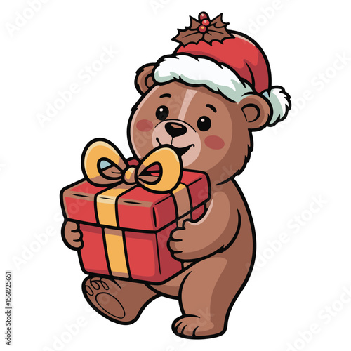 Cartoon Christmas Bear Holding Gift Box – Holiday Character Art