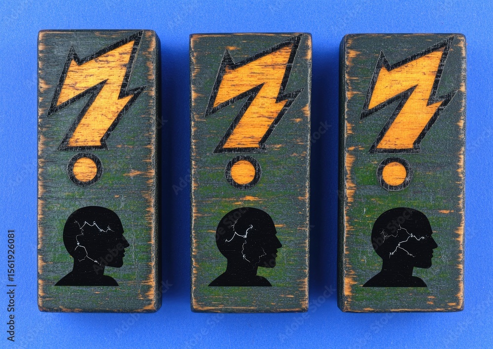 Obraz premium Three wooden blocks, dark teal-green, display stylized lightning bolts and profiles of heads with electrical symbols