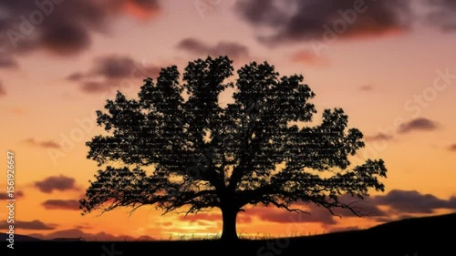 Silhouette of a large tree at sunset