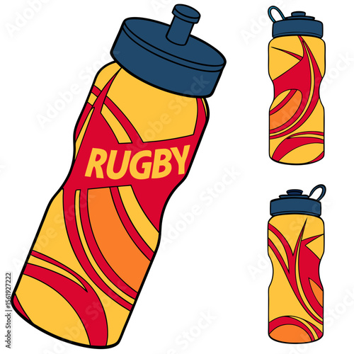 Yellow red blue sports drink bottle with rugby text vector