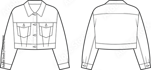Cropped denim jacket with button front, chest flap pockets, collar, cuffed sleeves, front and back CAD flat vector illustration