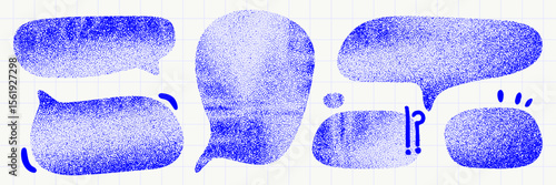 Set of collage blue shape for text box. Crumpled grunge gritty texture dialogue sticker. Vector irregular speech bubble collection.