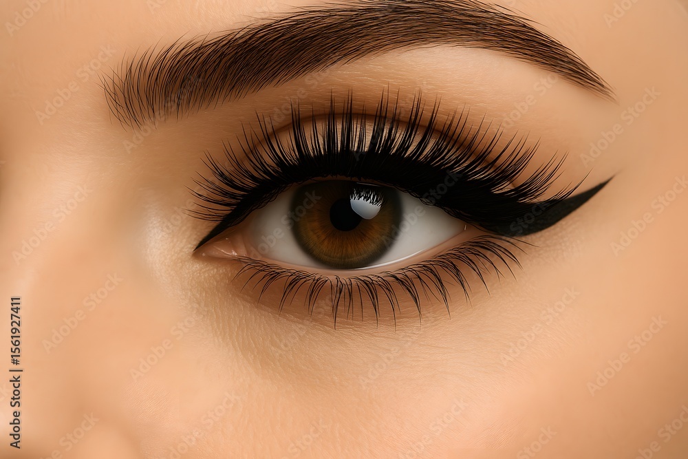 Obraz premium Close-Up of Brown Eye with Dramatic Winged Eyeliner and Voluminous Lashes. Close up of female eye