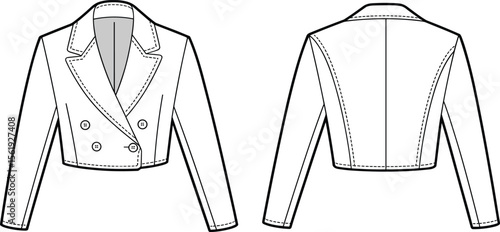 Front and back view of tailored cropped blazer with double-breasted design, lapel collar, long sleeves, CAD flat vector illustration