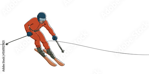 Continuous line illustration of an alpine skier in motion, wearing red gear and racing downhill on snow in a winter sports setting.