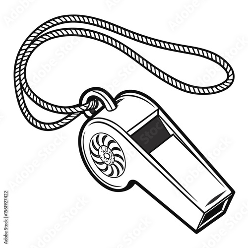 Black and white sports whistle with cord referee game