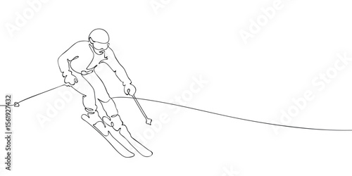 Black and white continuous line drawing of an alpine skier racing downhill, perfect for winter sports visuals, Olympic events, or Milan 2026 themes.