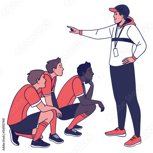 Coach instructing players in red and blue uniforms team sports