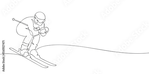 One line drawing of a downhill skier in action, showcasing winter speed and motion in a clean minimalist outline on snow.