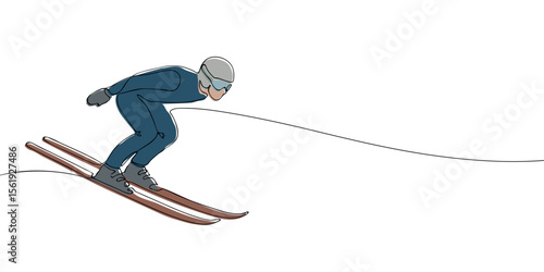 Vector illustration of a downhill skier in blue suit racing on snow, captured in an aerodynamic pose during a winter sports event.