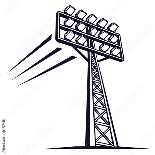 Dark stadium floodlight tower with bright beams