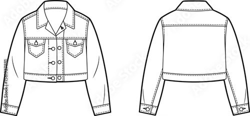 Front and back view of cropped denim jacket with button closure, patch pockets, flat CAD sketch, fashion vector illustration