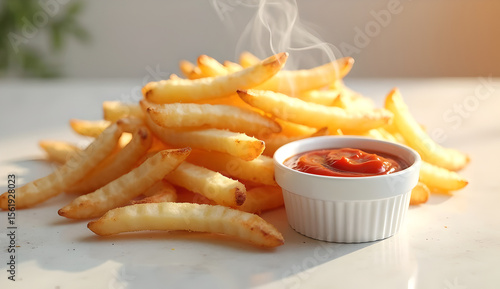 Bowl of crispy golden French fries with a small bowl of ketchup on a minimalist white table, warm ambient light enhancing details. 