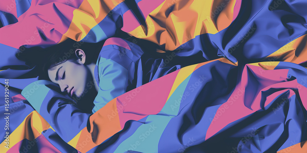 Fototapeta premium Sleeping Woman in Multicolored Fabric