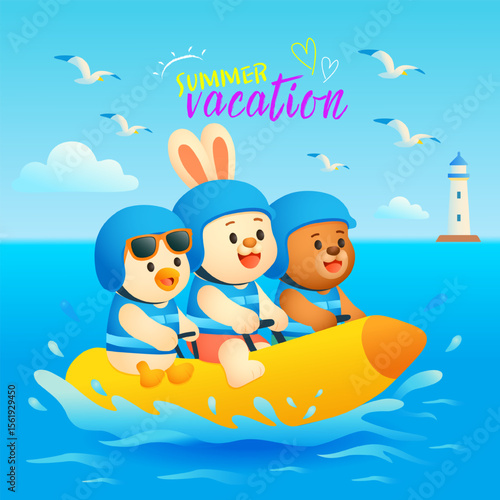 Summer story of three cute animals: rabbit, bear, and chick