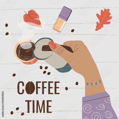 Cup of coffee. A woman's hand pours coffee from a coffee pot into a cup. Stylish vector image will decorate a coffee shop or cafe