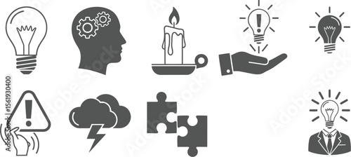 Vector art of a set of black and white icons representing ideas, innovation, and problemsolving, including lightbulbs, brains, and puzzle pieces isolated on white background