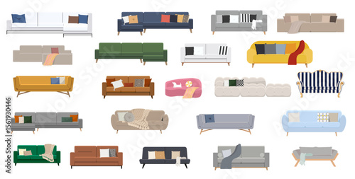 Set of isolated modern sofas in different styles on white background