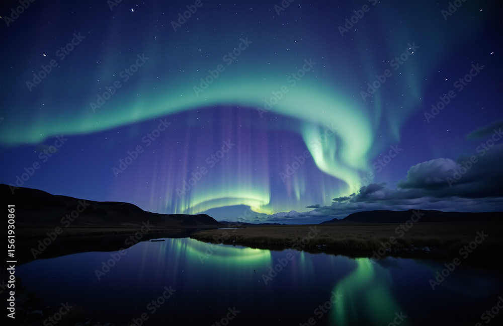 Naklejka premium Northern Lights swirling over calm lake under night sky
